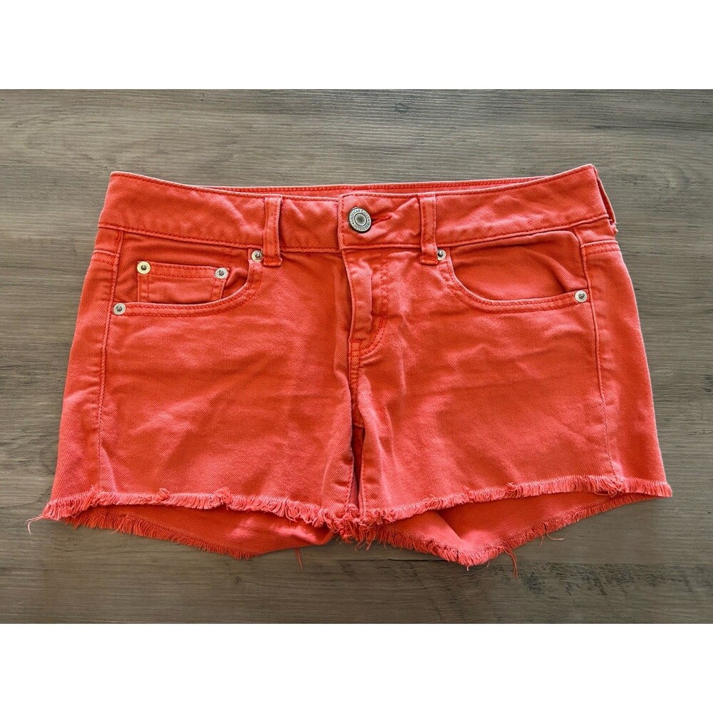 AMERICAN EAGLE Stretch Denim MIDI Shorts, Frayed hem, Orange Size 4